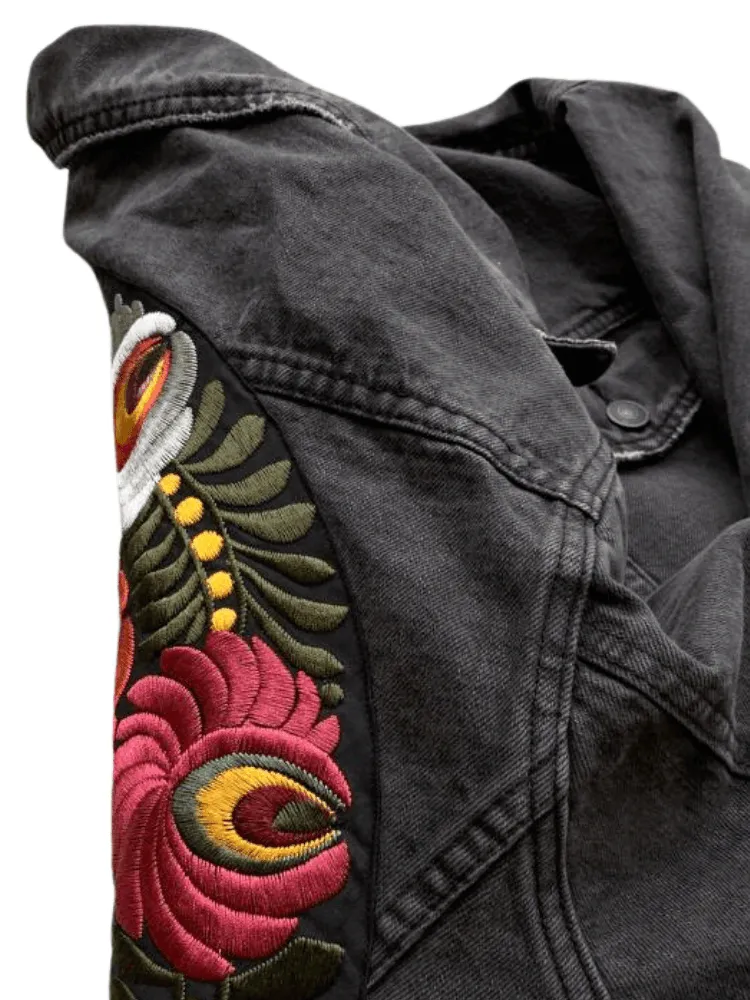 Women's Floral Embroidered Black Denim Jacket