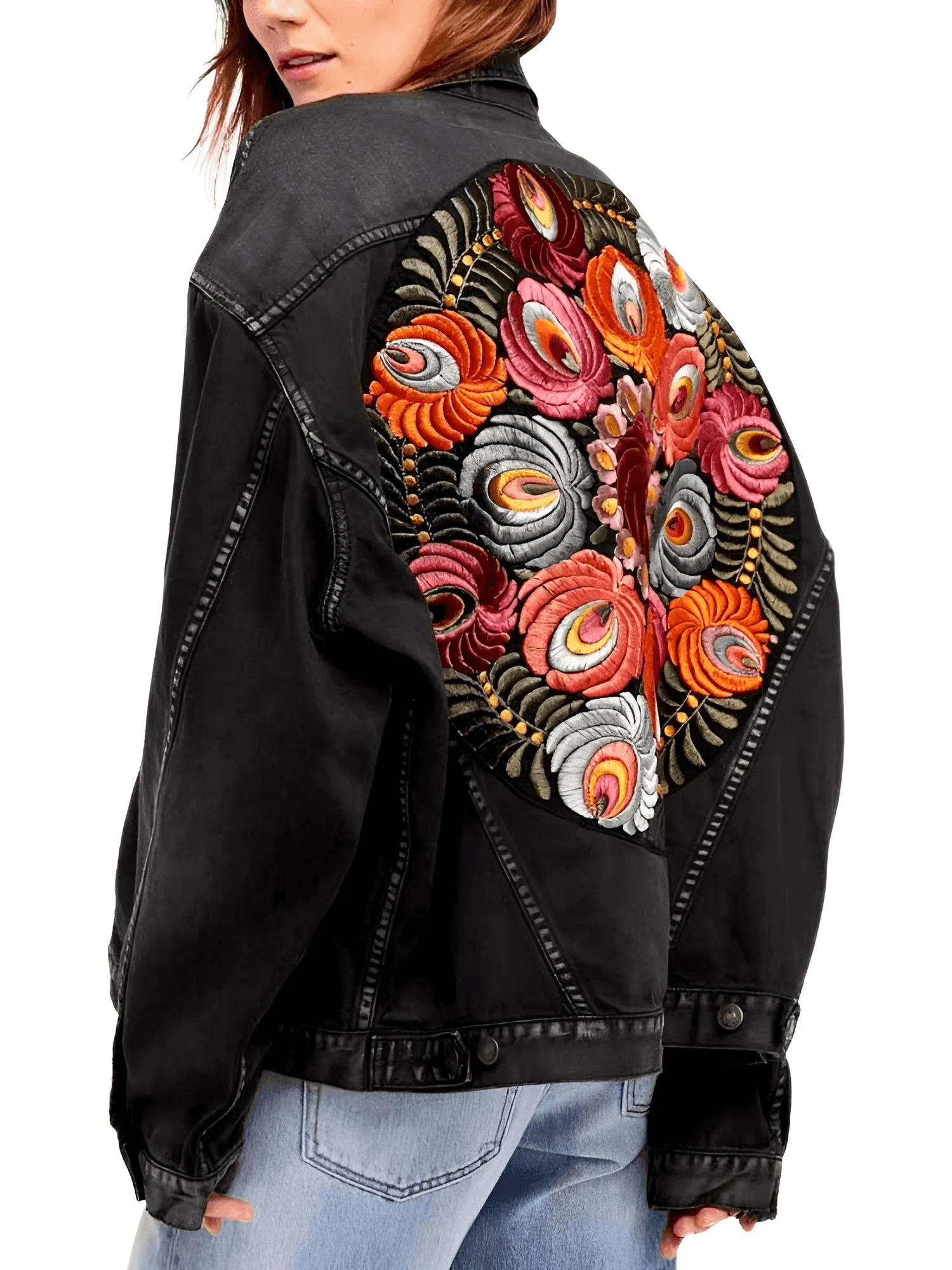 Women's Floral Embroidered Black Denim Jacket