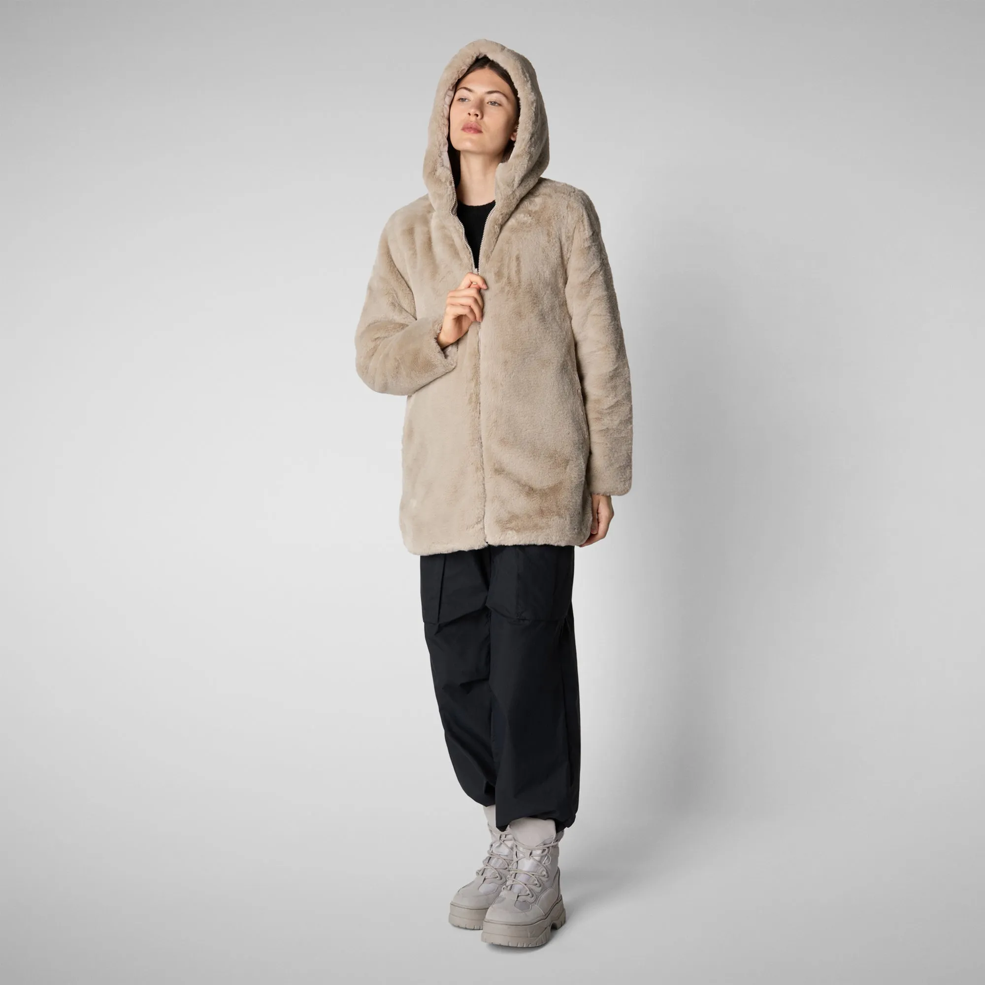 Women's Hooded Reversible Coat Bridget in Rainy Beige