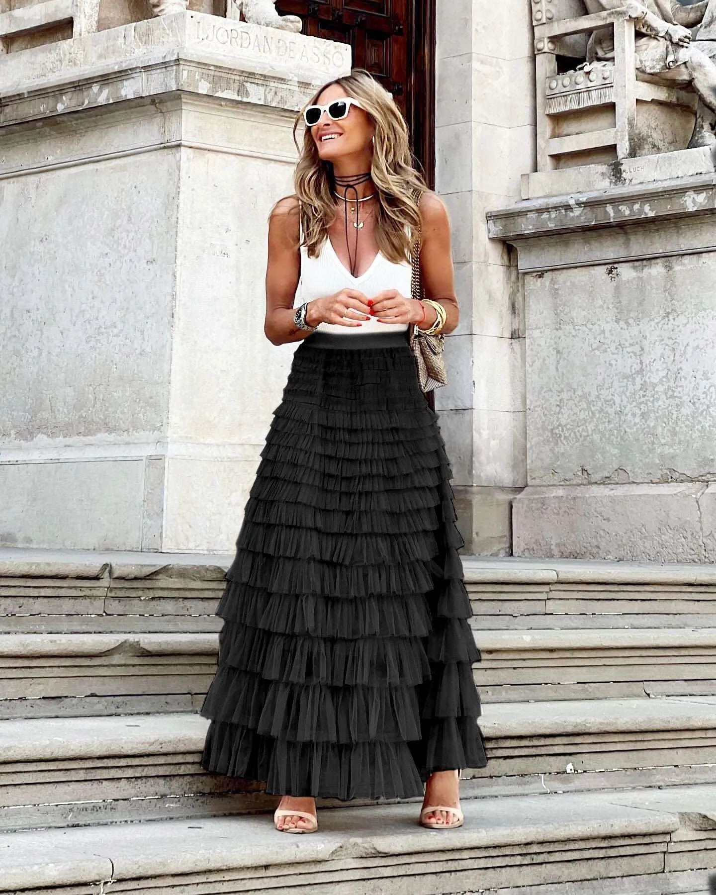 Women's Long Mesh Layered Ruffles A-Line Swing Skirt