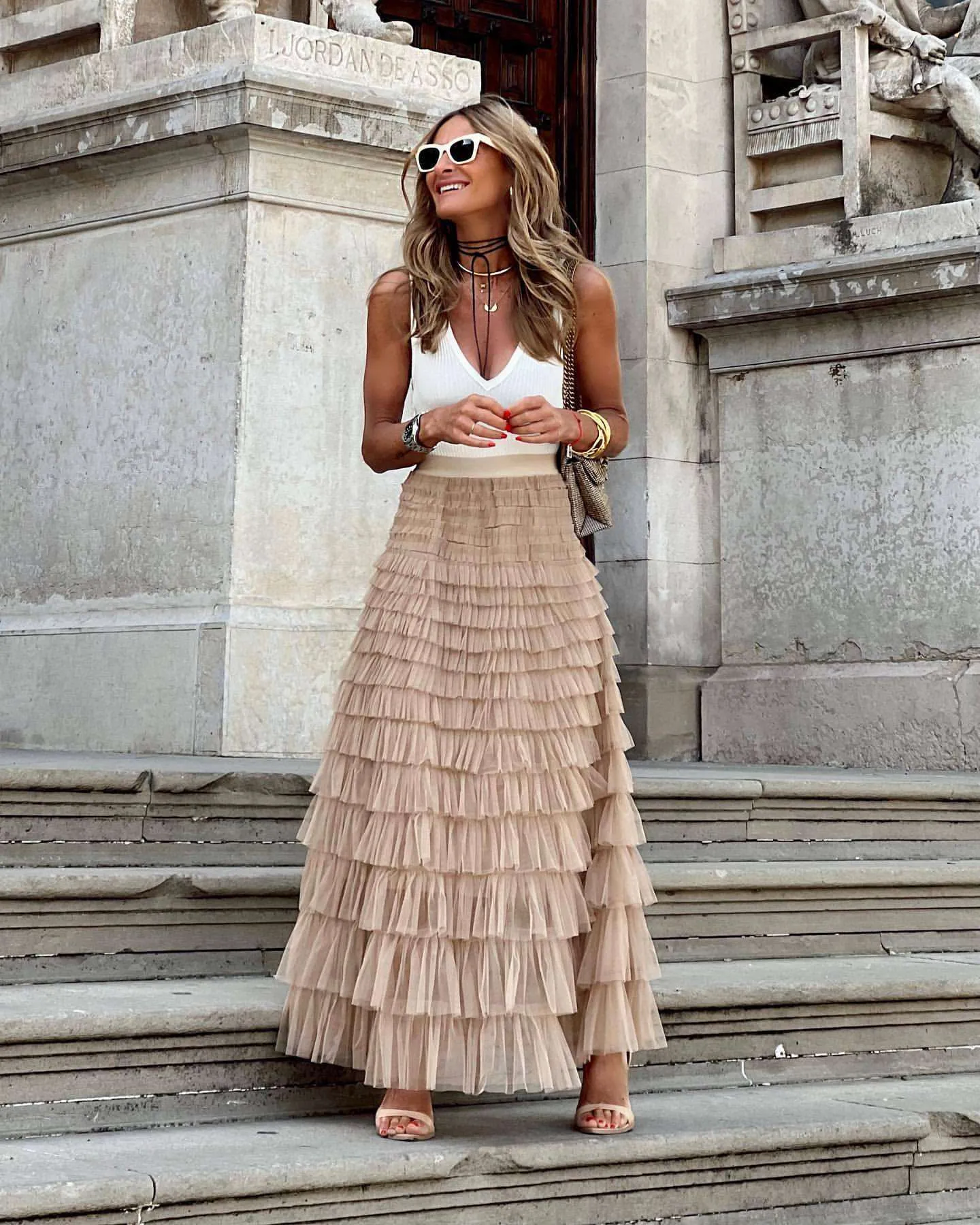 Women's Long Mesh Layered Ruffles A-Line Swing Skirt