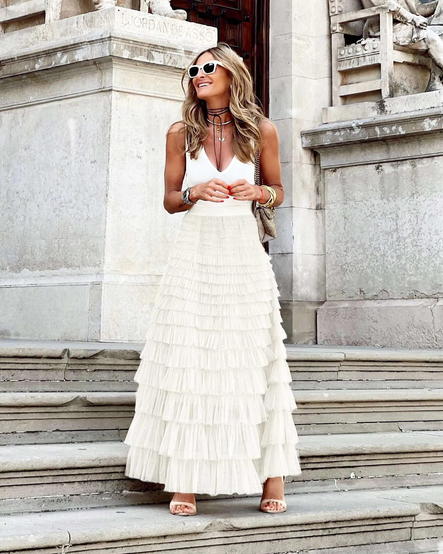 Women's Long Mesh Layered Ruffles A-Line Swing Skirt