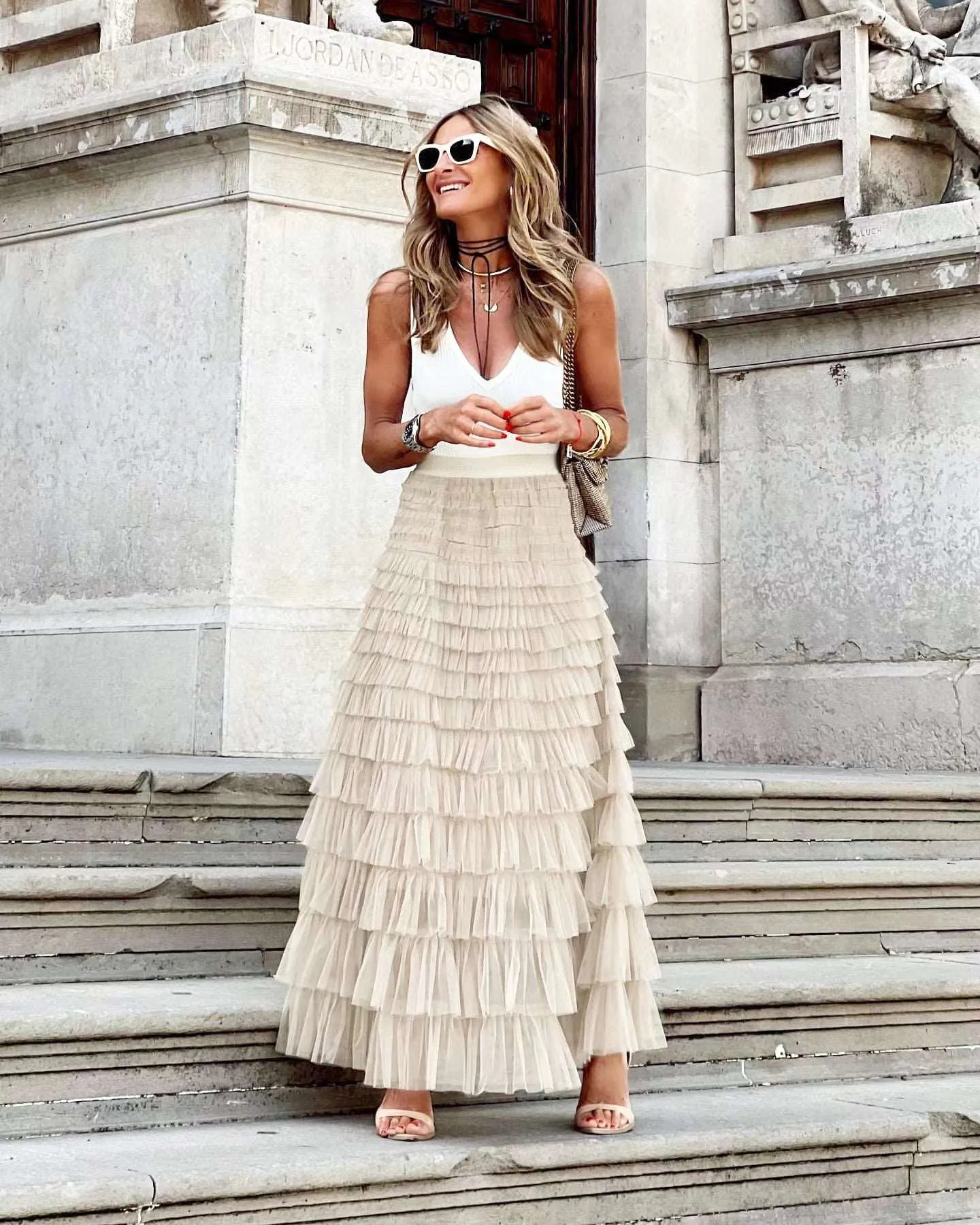 Women's Long Mesh Layered Ruffles A-Line Swing Skirt