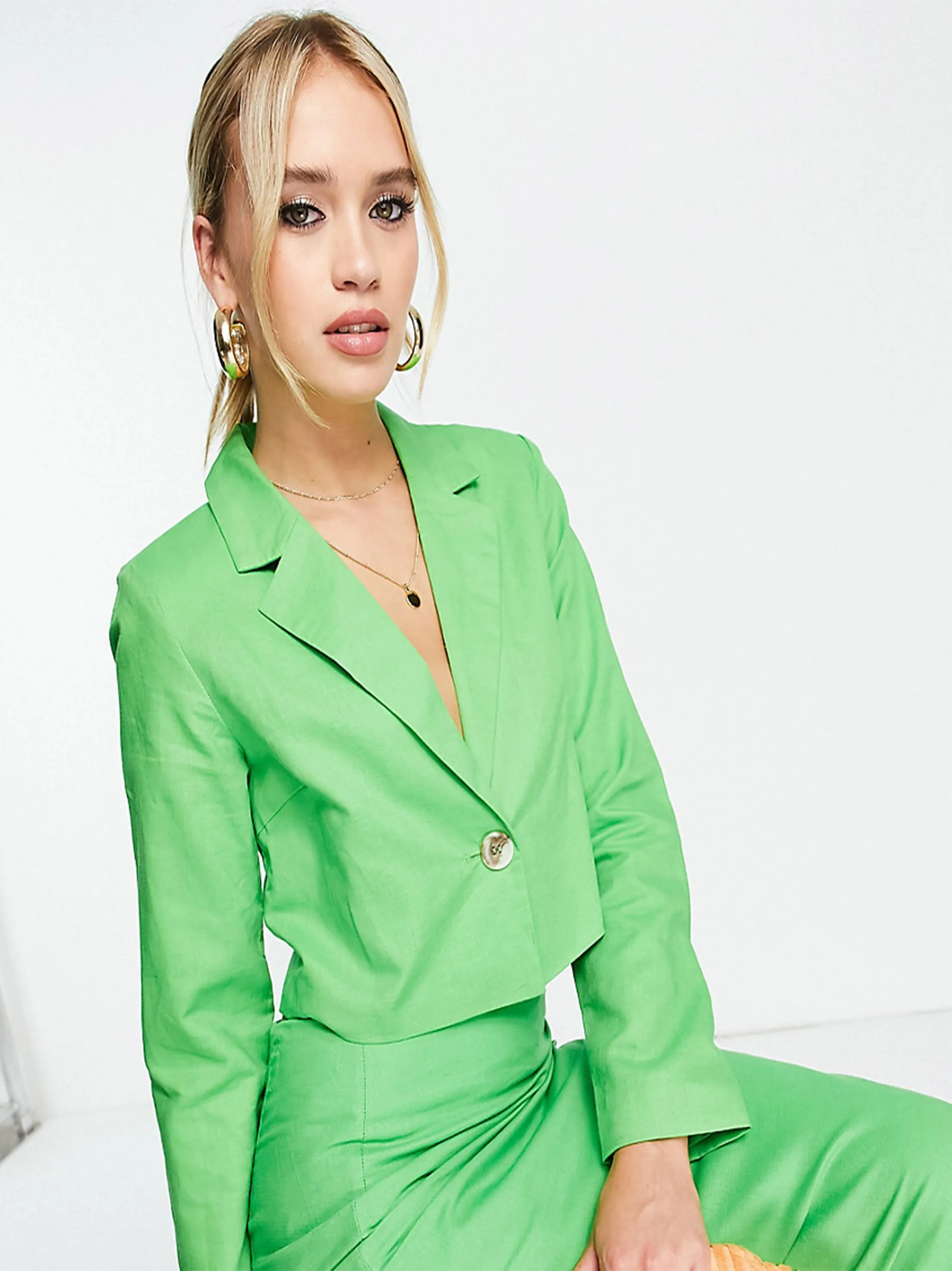 Women's Plain Solid Cropped Blazer,Green