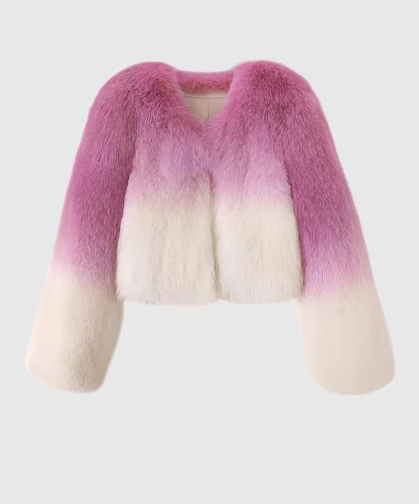 Women's Short Pink & White Gradient Fox Fur Jacket