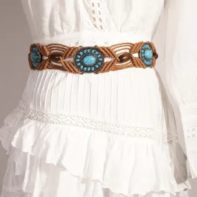 Women's Turquoise Inlaid Bohemian Braided Waist Rope Belt