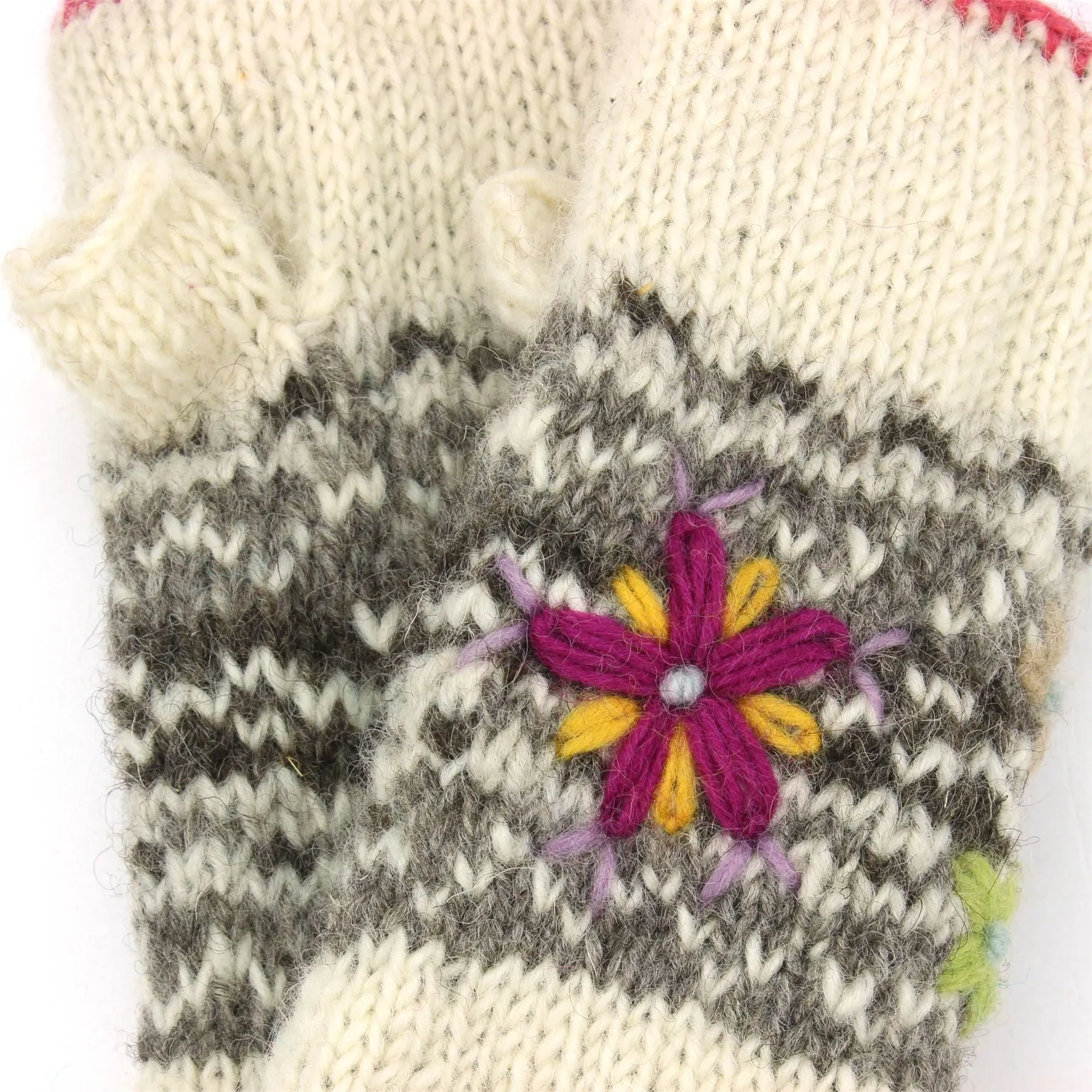 Wool Knit Arm Warmer - Flower - Cream