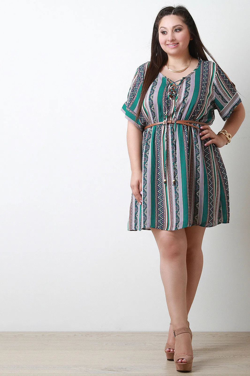 Woven Boho Stripe Lace Up Belted Dress