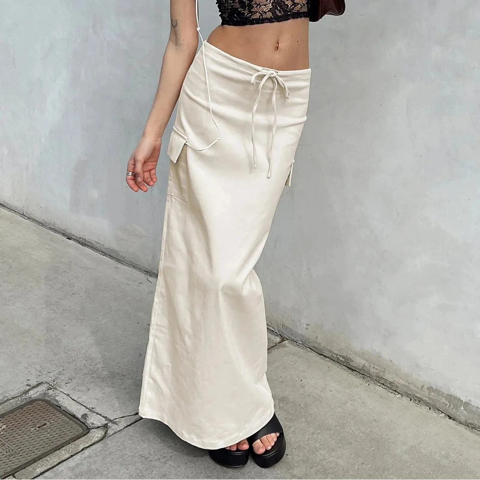 Y2K Cargo Drawstring Bodycon Vintage Slit Maxi Skirt