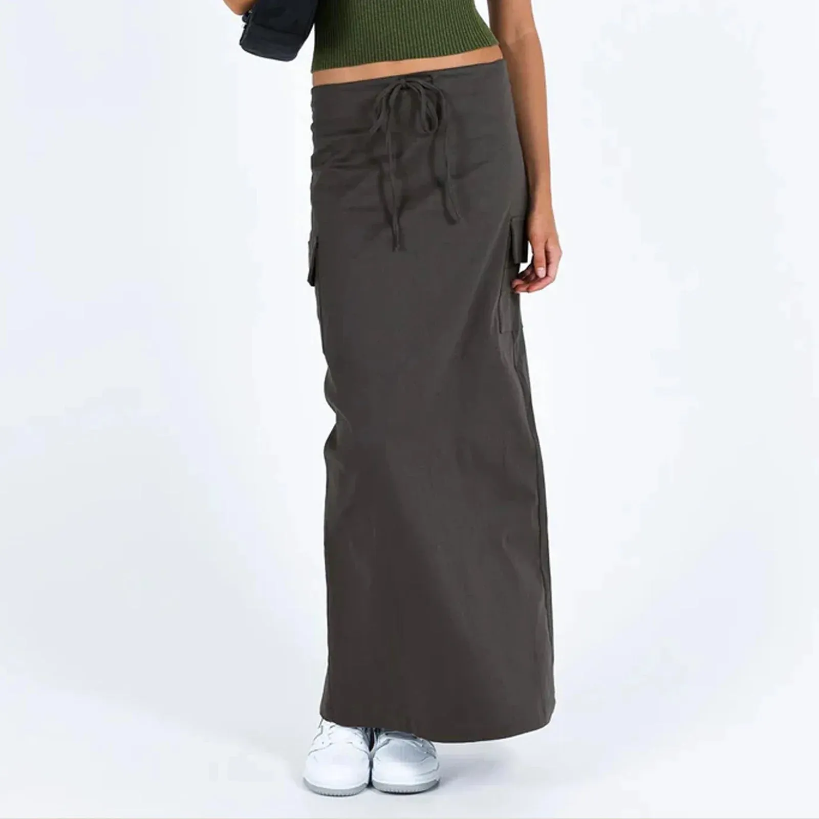 Y2K Cargo Drawstring Bodycon Vintage Slit Maxi Skirt