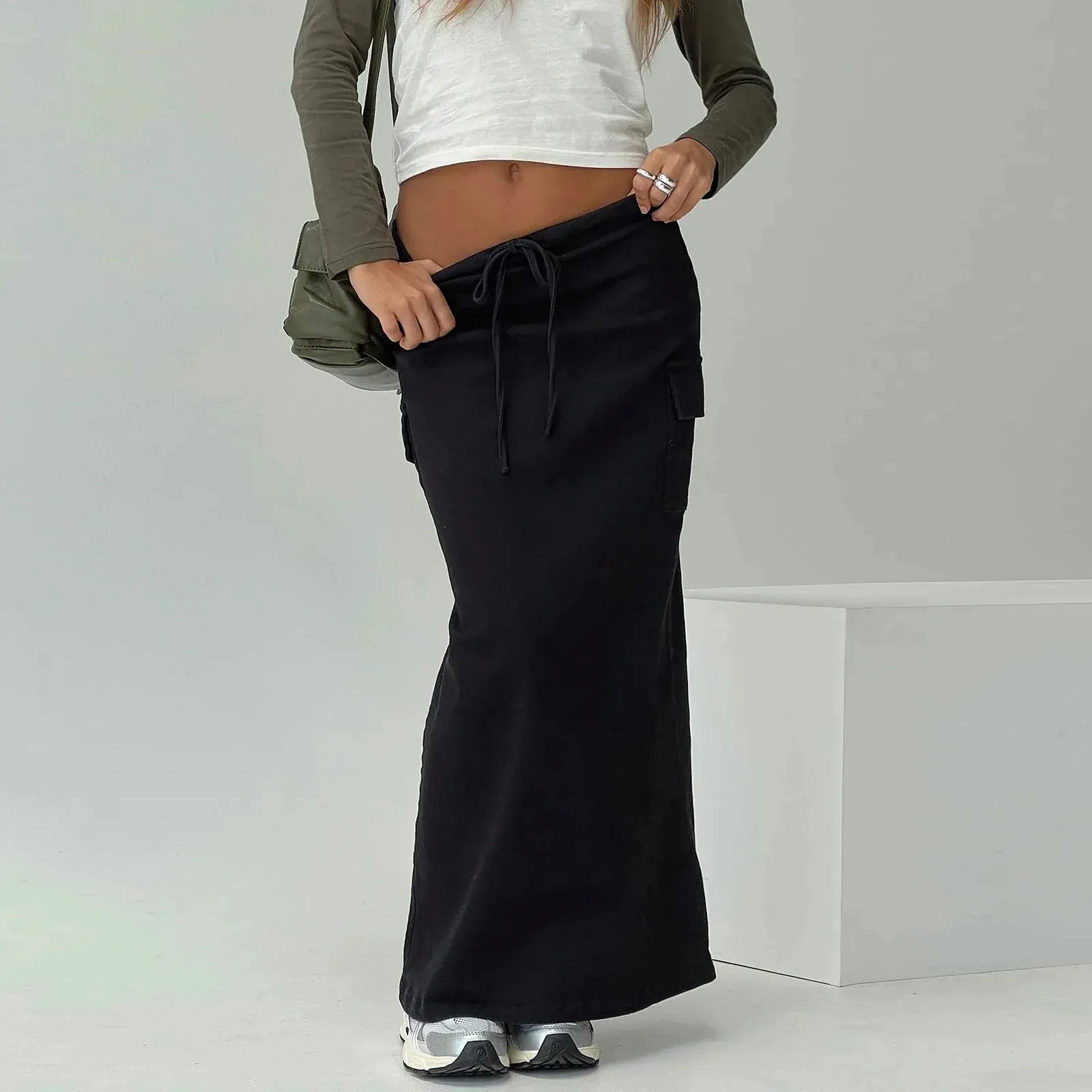 Y2K Cargo Drawstring Bodycon Vintage Slit Maxi Skirt