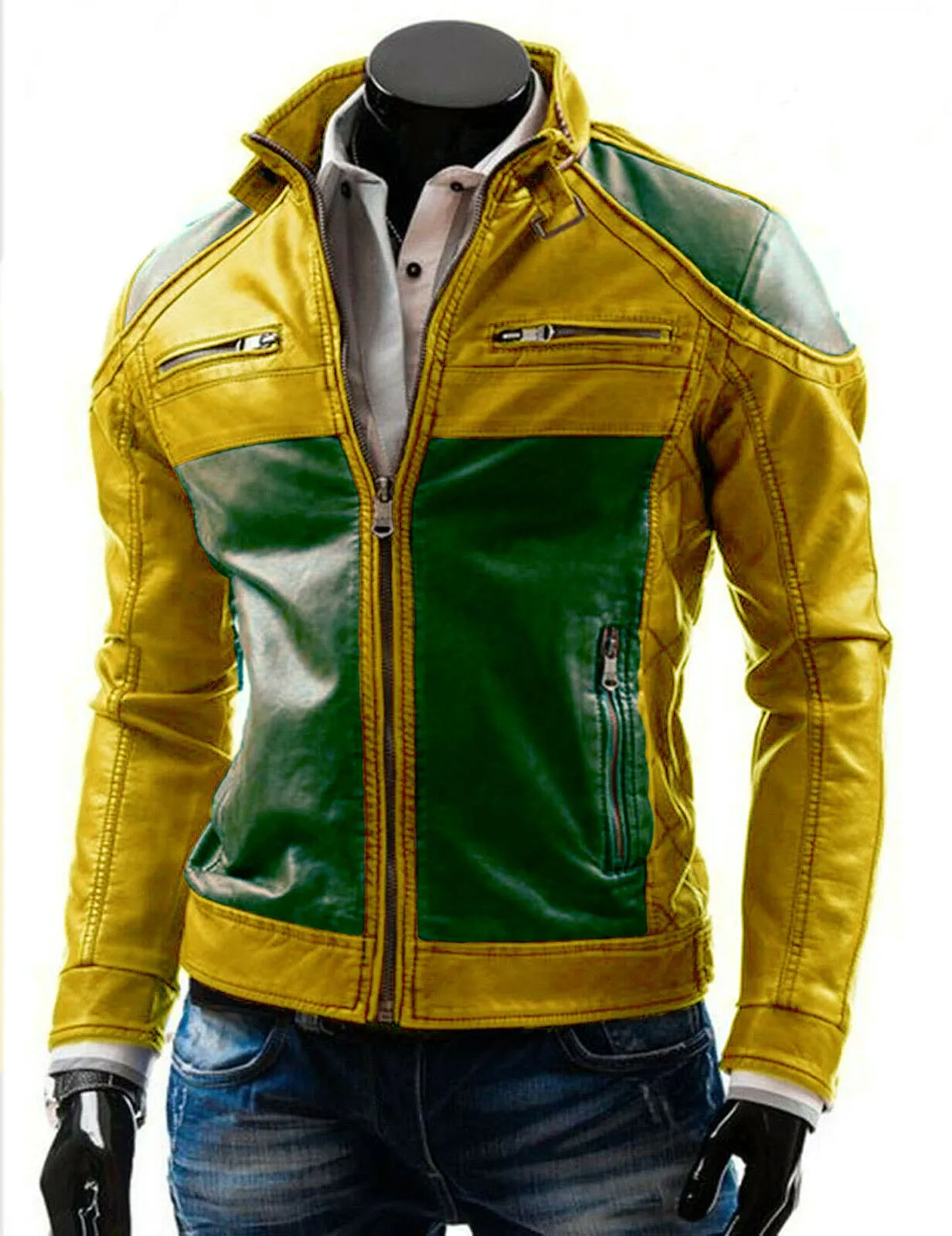 Yellow and Blue slim fit Biker Leather jacket for men