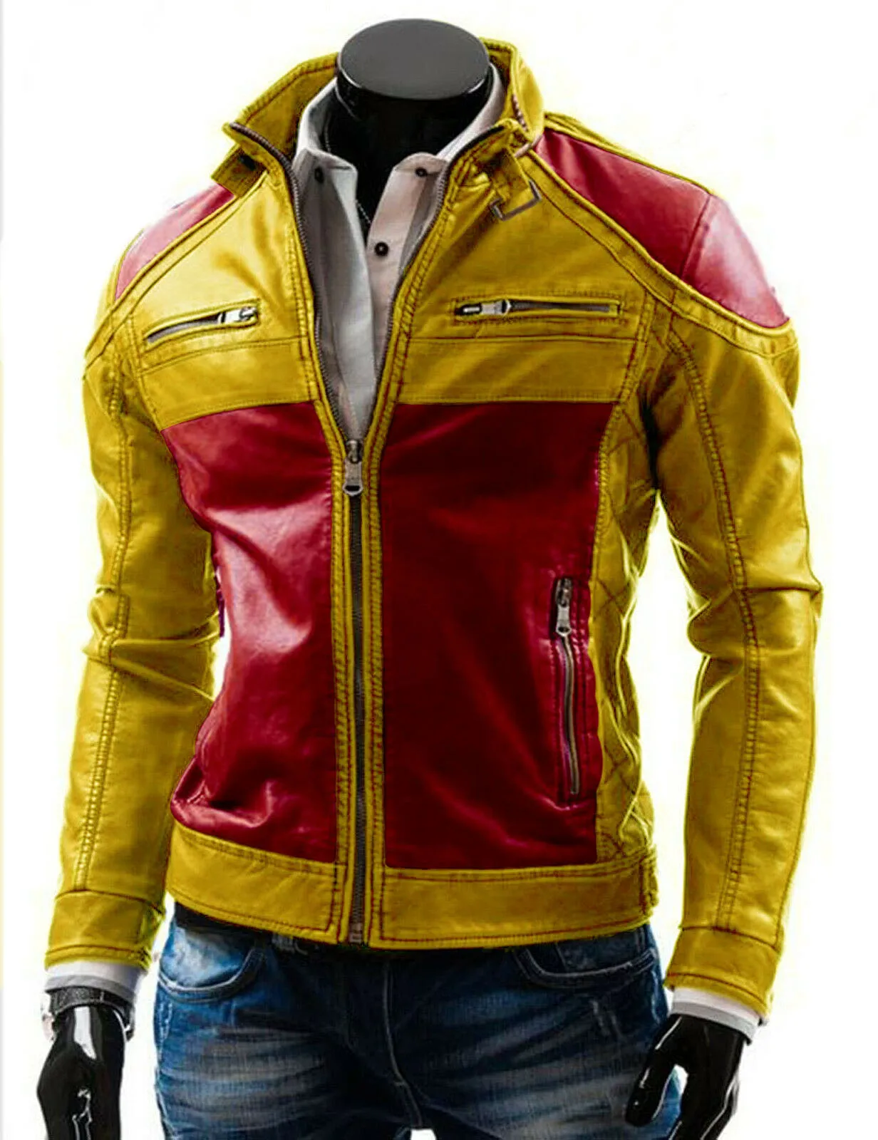 Yellow and Blue slim fit Biker Leather jacket for men